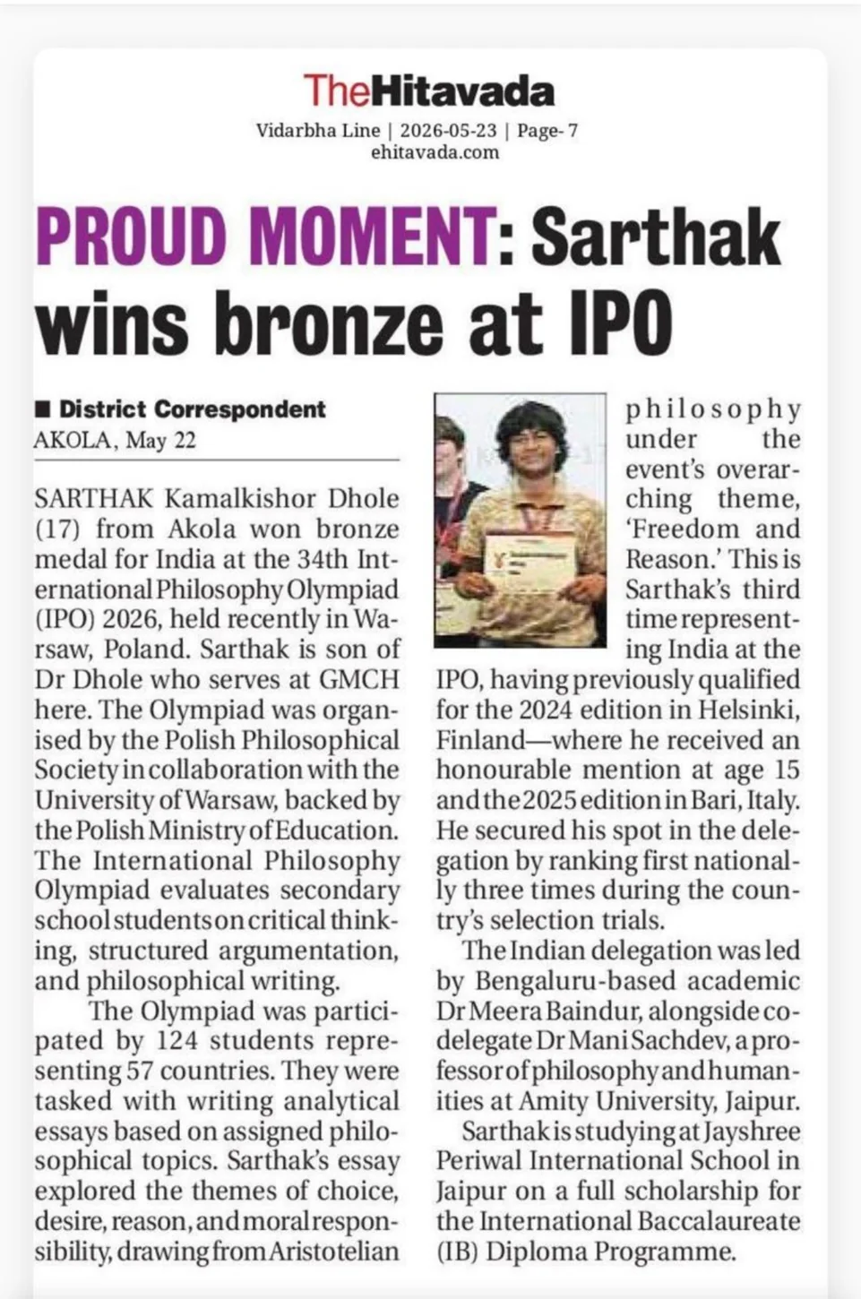 The Hitavada press clipping about Philosophy Olympiad