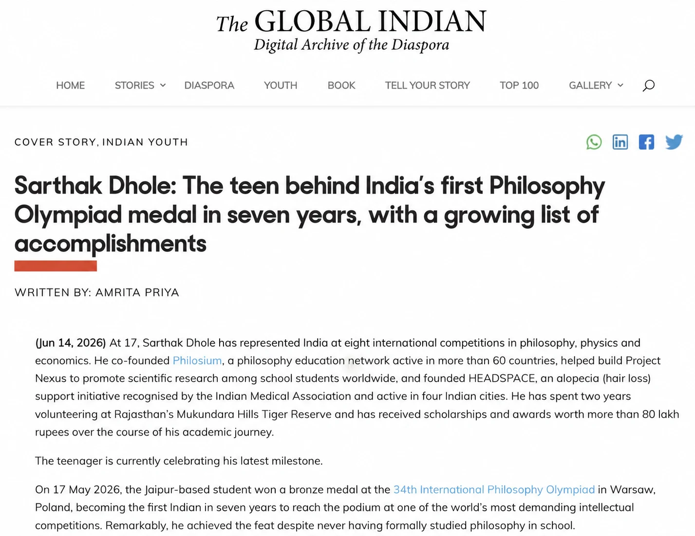 The Global Indian press clipping about Philosophy Olympiad