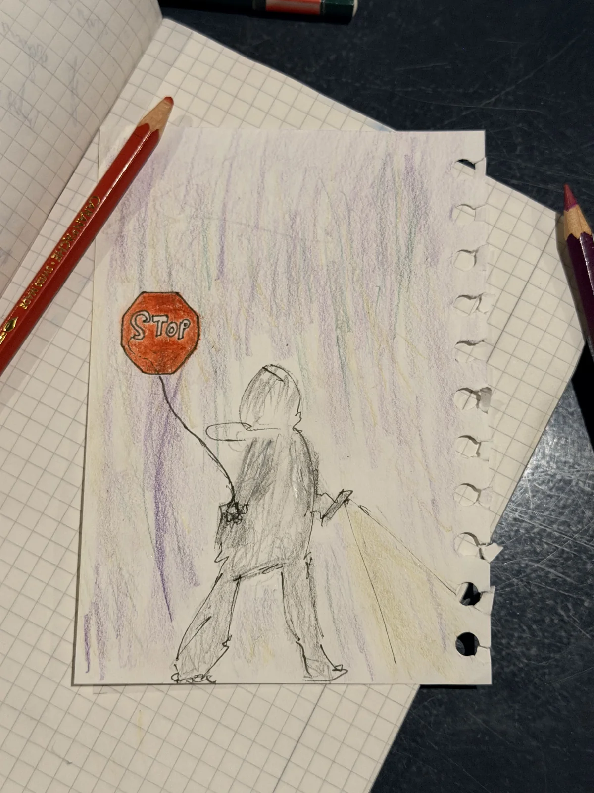 My coloured-pencil drawing of a figure holding a red stop-sign balloon