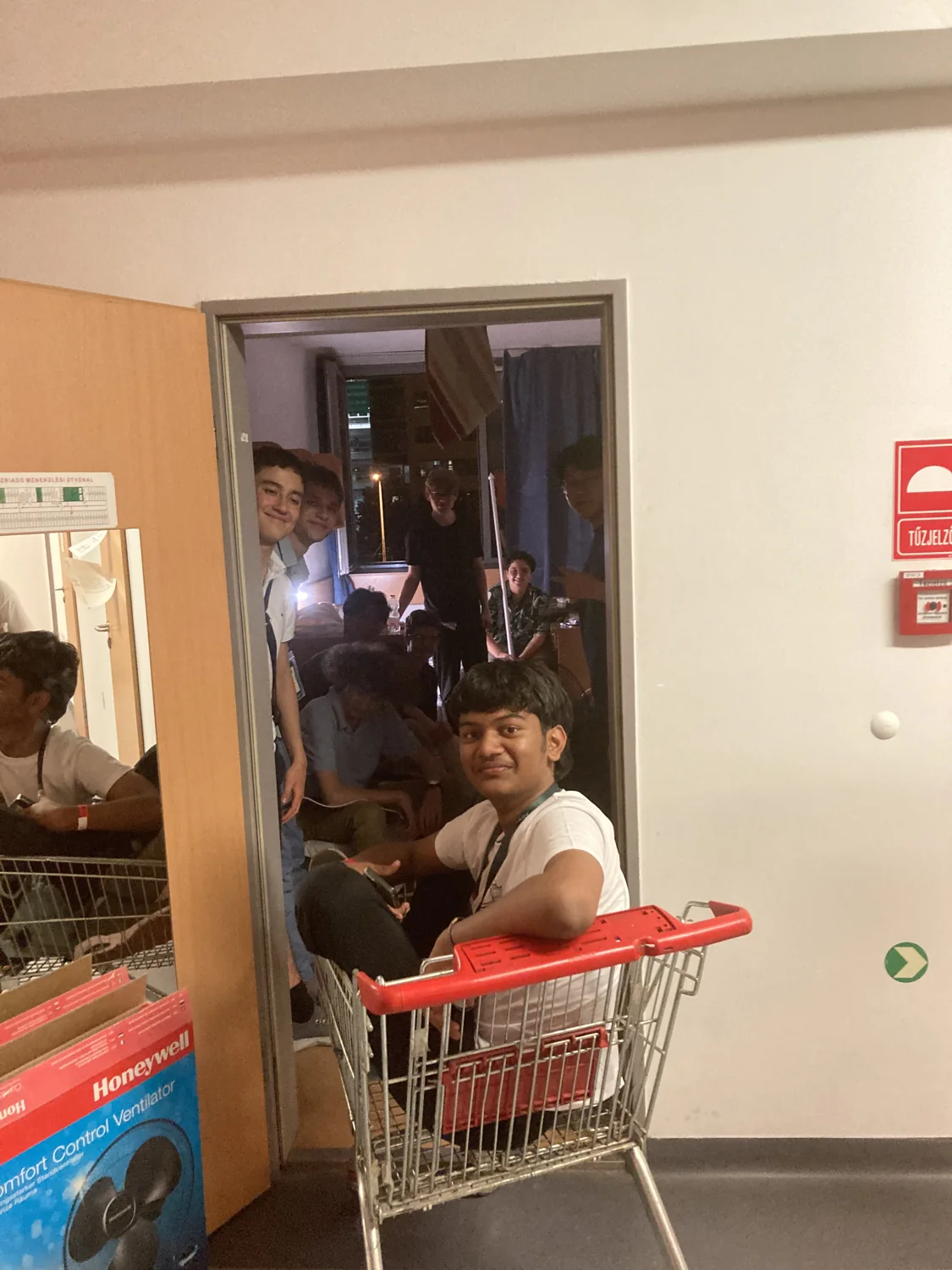 Sitting in a shopping trolley indoors