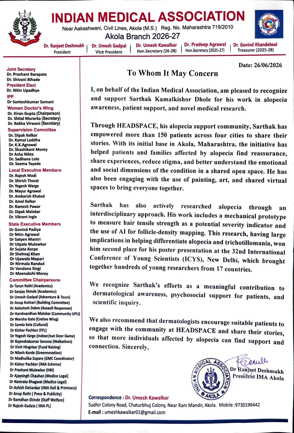 Indian Medical Association, Akola letter recognizing HEADSPACE and alopecia research